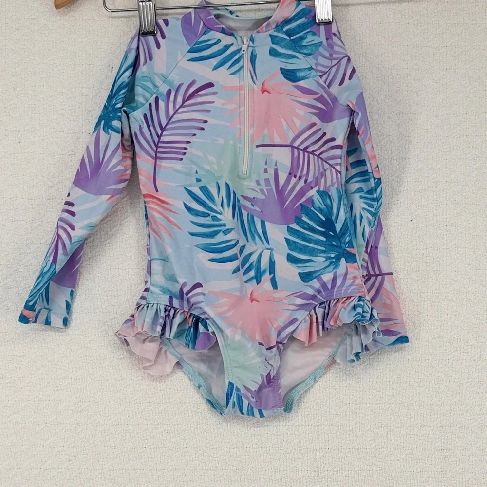 Girls Tropical Palm Long Sleeve Rash Guard Swimsuit Pastel Floral Ruffle 4Y